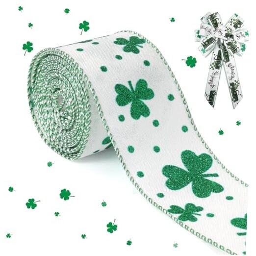 St. Patricks Day Ribbon Wired, Glitter Green Shamrock Fabric Ribbons 1#Shamrock