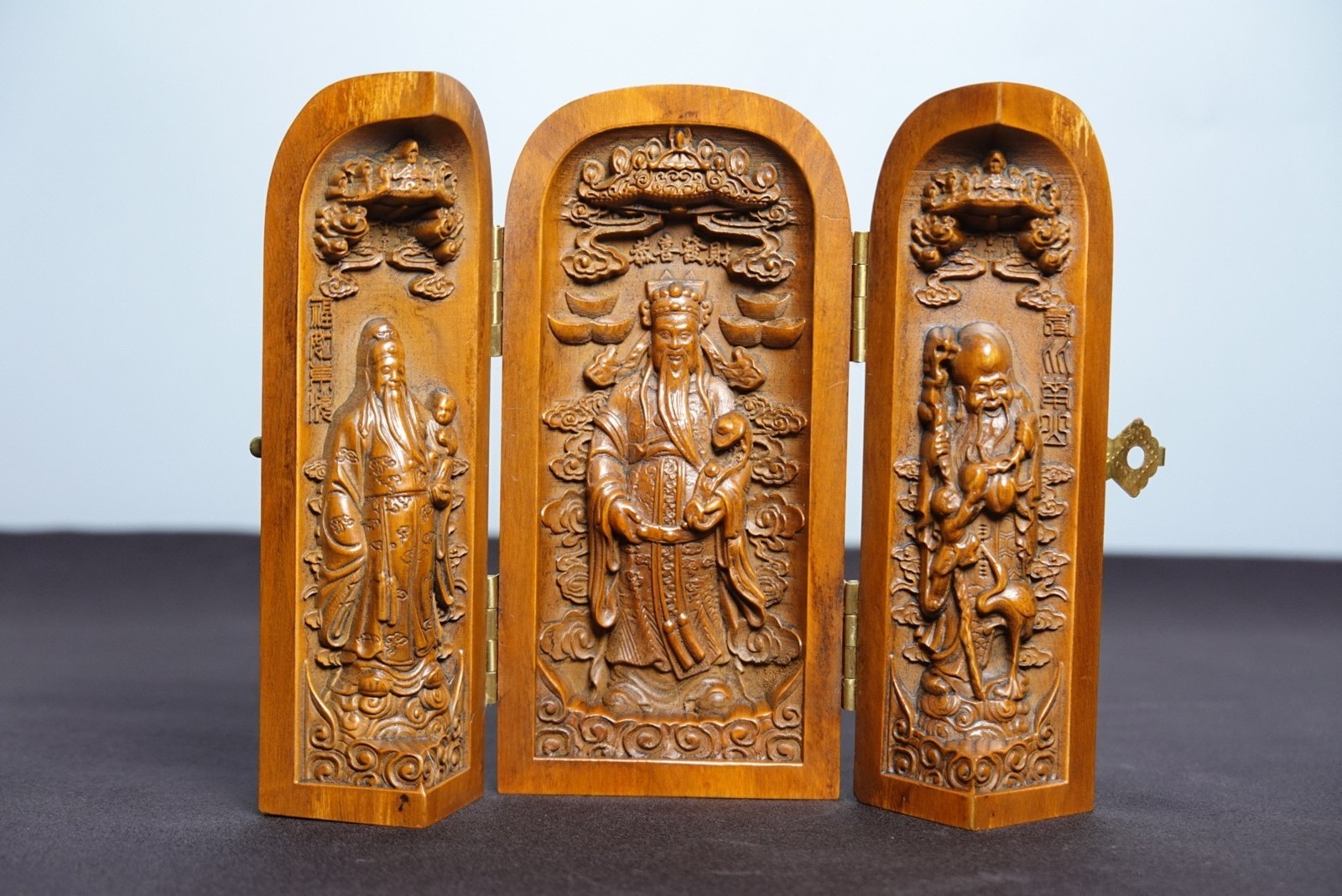 Wooden Ornaments Carved Fu Lu Shou Trinket Box Prosperity Longevity Happiness
