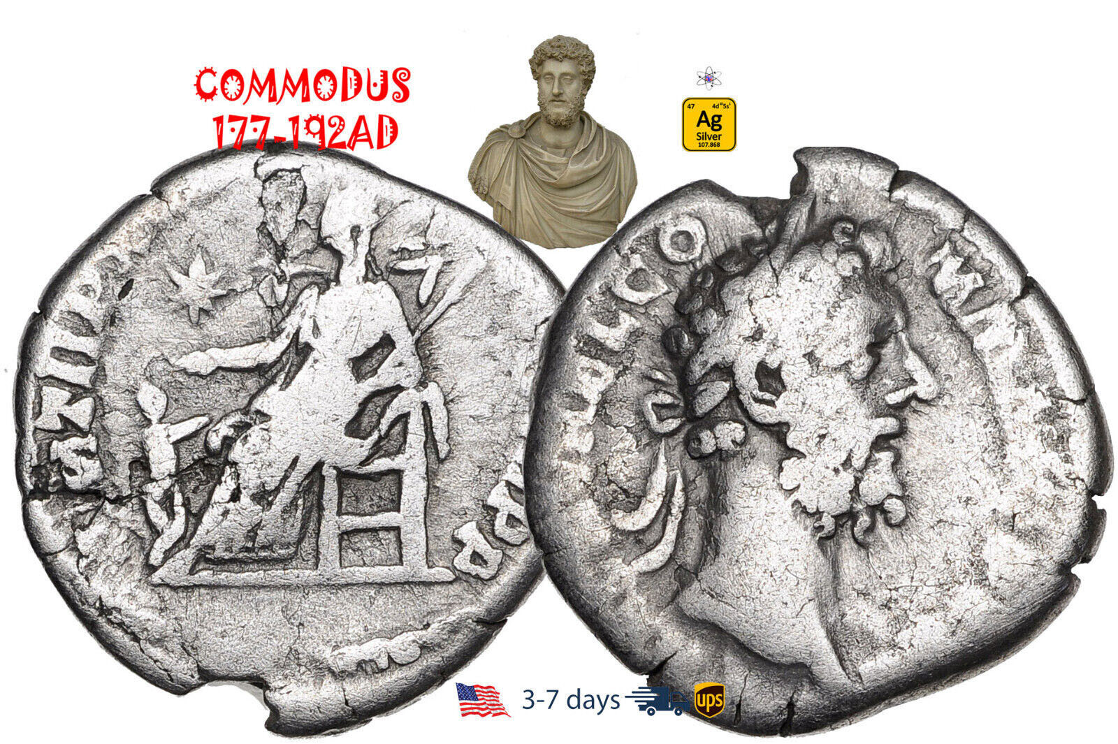 Ancient Roman Empire Coin Silver Denarius COMMODUS 177 - 192 AD Authentic #19811