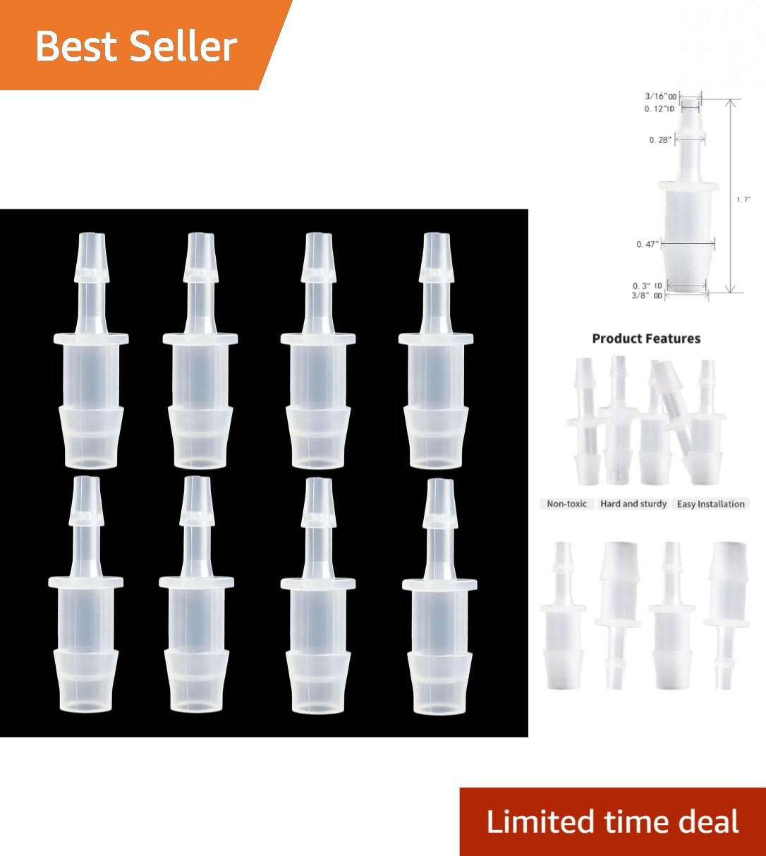 Durable Polypropylene Hose Barb Reducer Fittings, 3/8" to 3/16" - 8-Piece Set