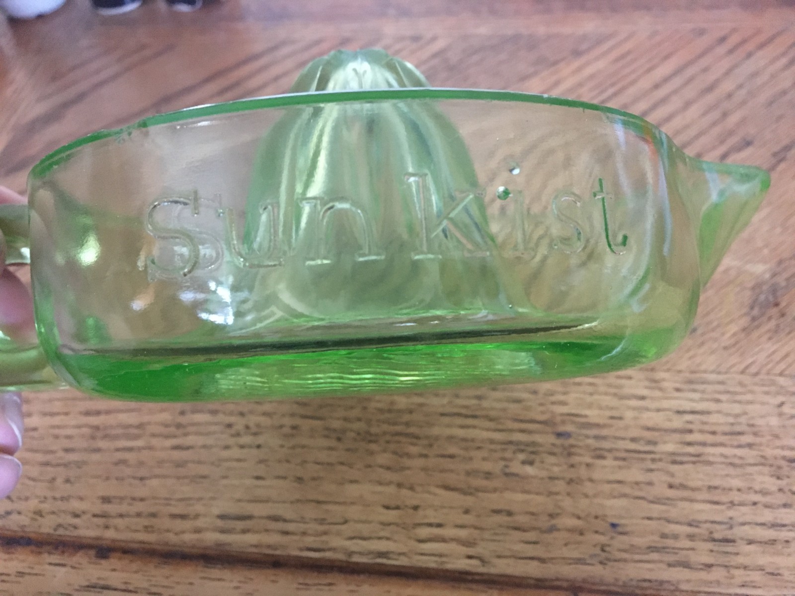 Vtg Green Vaseline Uranium Sunkist Depression Glass Reamer Juicer 1930s VeryNice