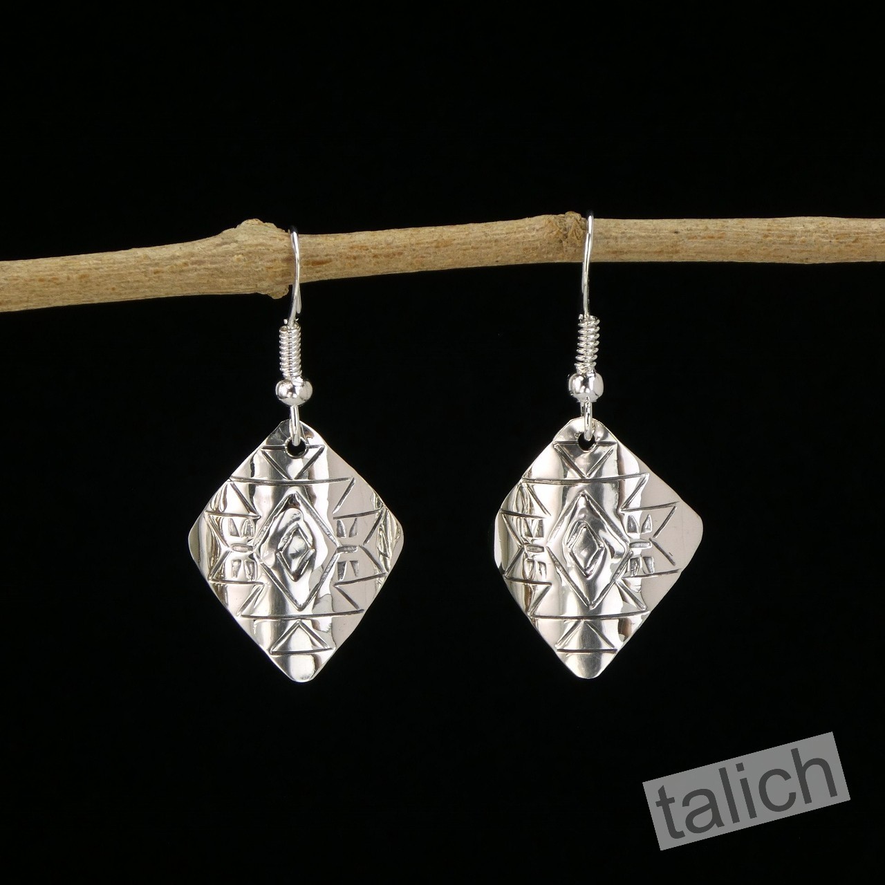 Native American Navajo Handmade Stamped Sterling Silver Curved Drop Earrings #1