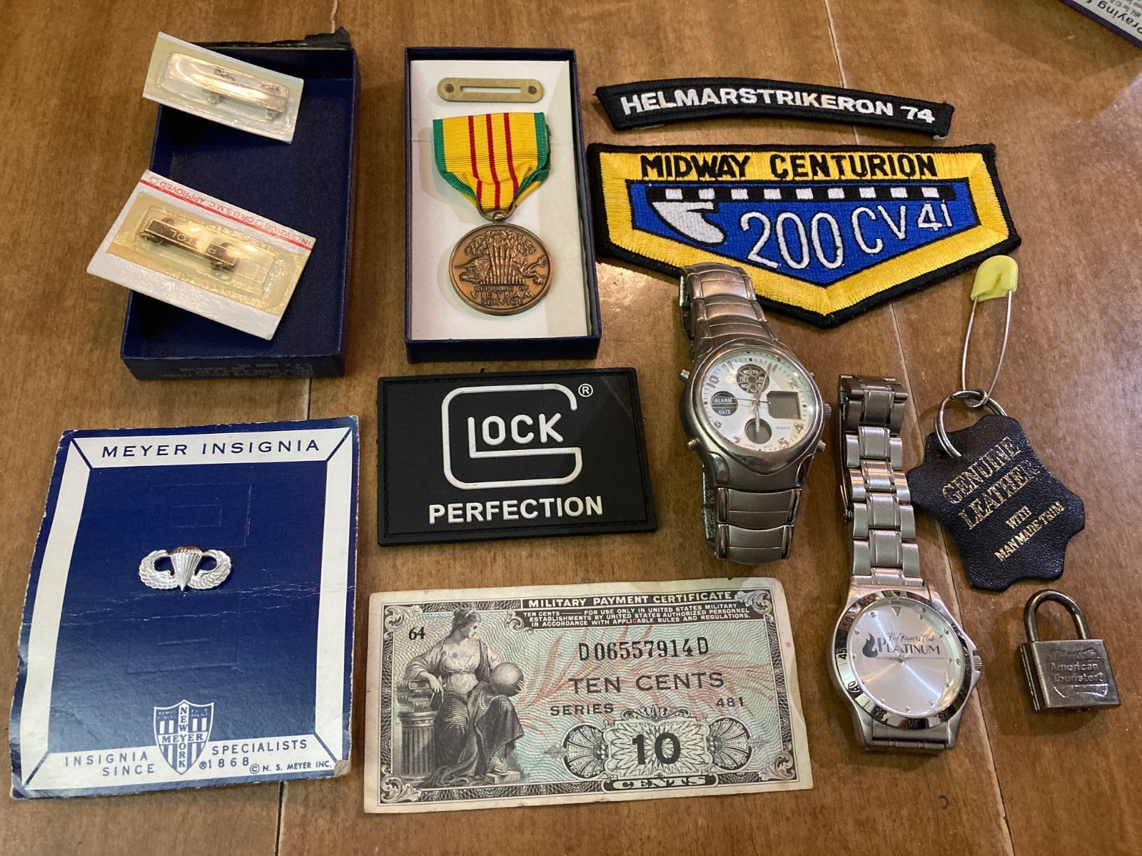 Vintage Junk Drawer Lot Watches Patches Glock Paper Money Vietnam Medal Pinback