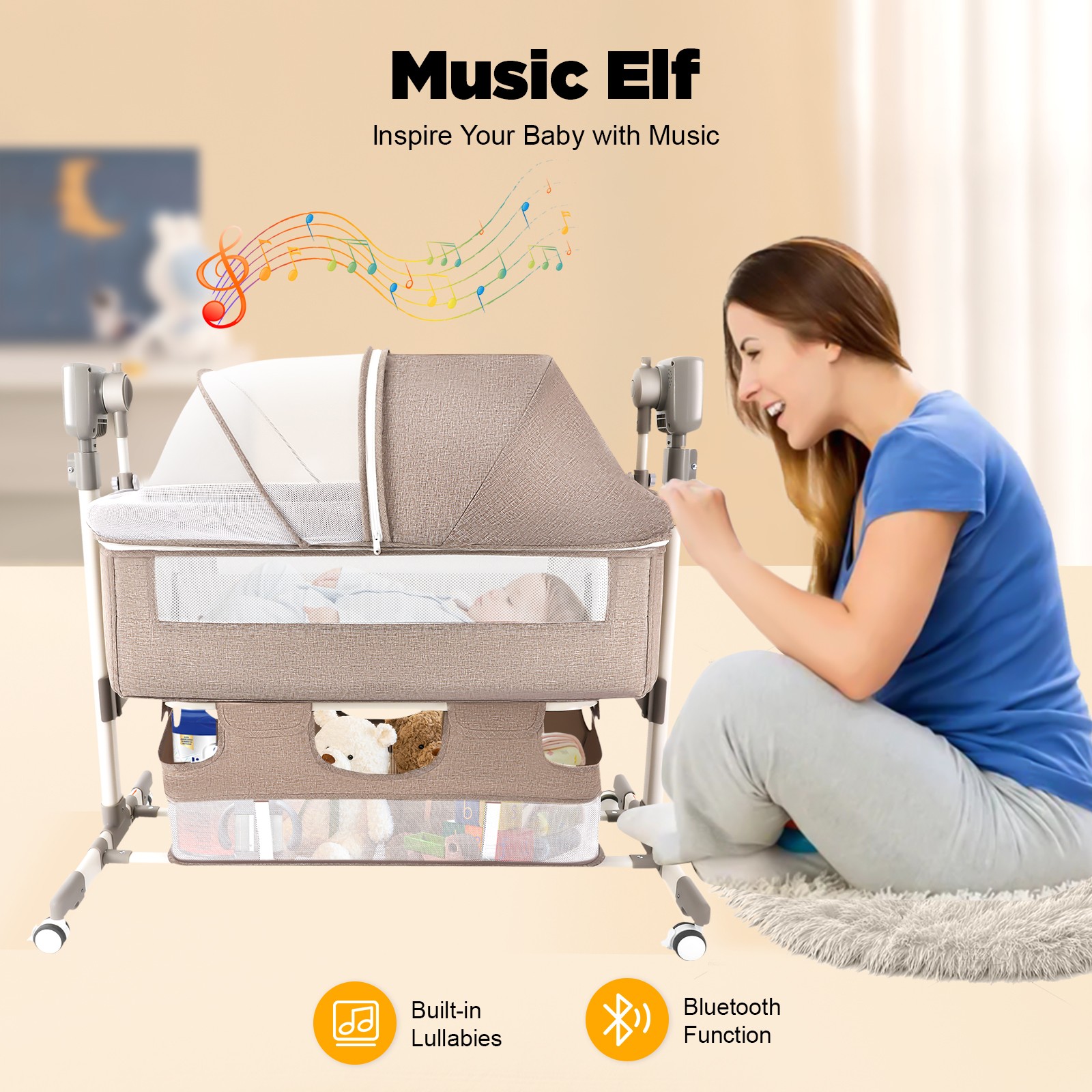 Smart Baby Bassinet Bedside Music Cradle Baby Bed Height Adjustable Crib 20kg
