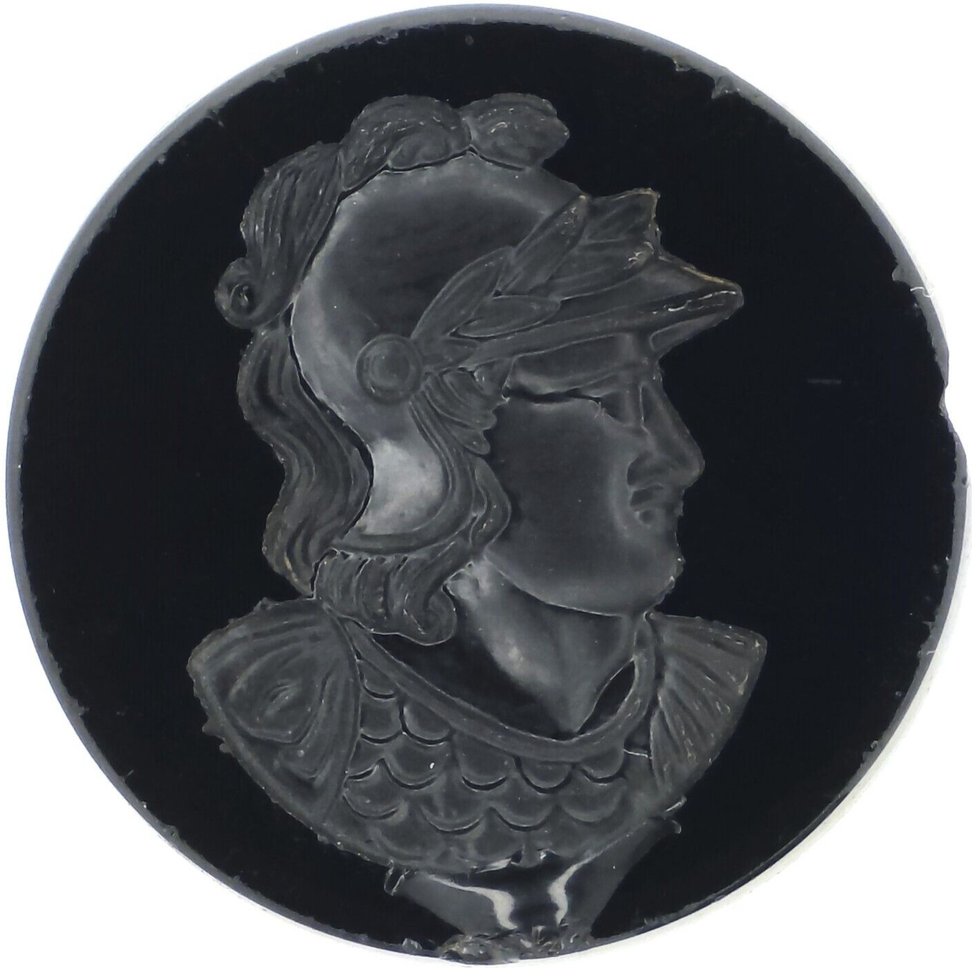 C1880s Antique Victorian Intaglio Black Glass Mythology Ares Mars Picture Button