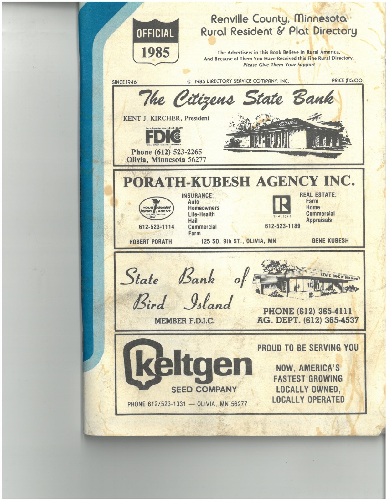 Original RENVILLE COUNTY MINNESOTA 1985 Land Owners Plat & directory map