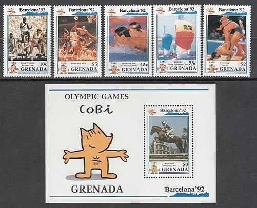Grenada - Mail 1990 Yvert 1895/9 + H 23 ** Barcelona Olympics