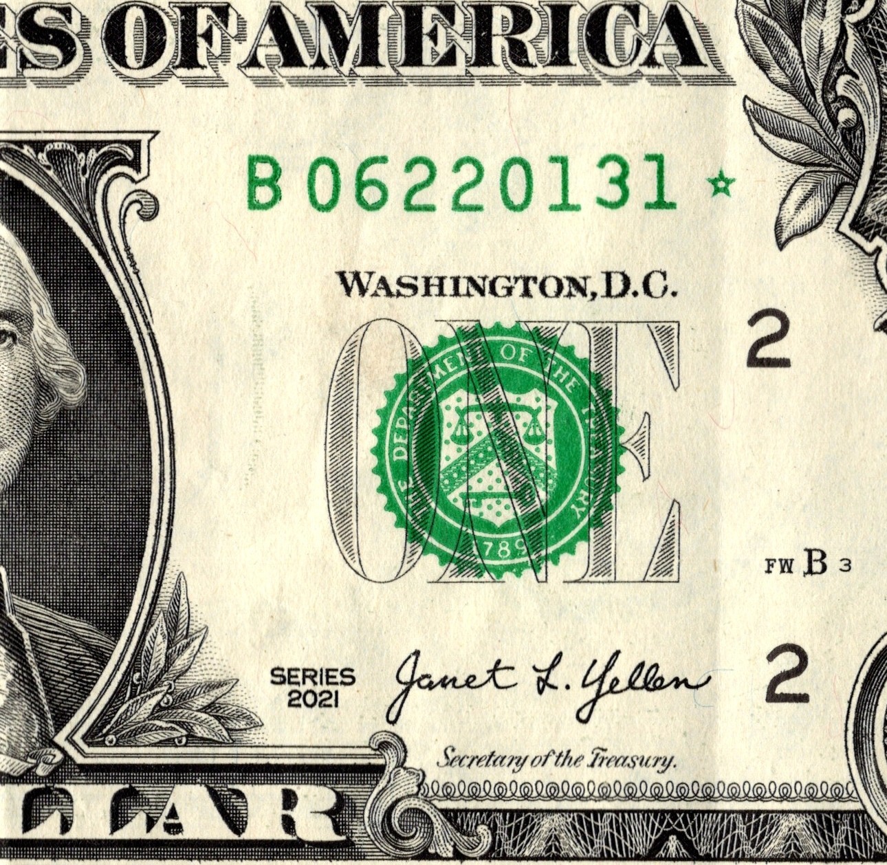 2021 B Star note  1 dollar bill Regular Run