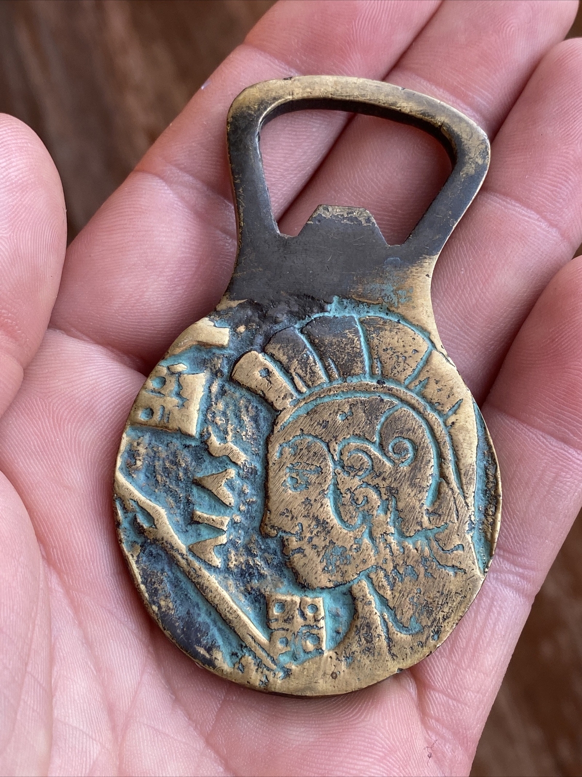 Vtg 2 Sided Brass Bottle Opener Grecian Greek Greece Mythological Spartan Grapes