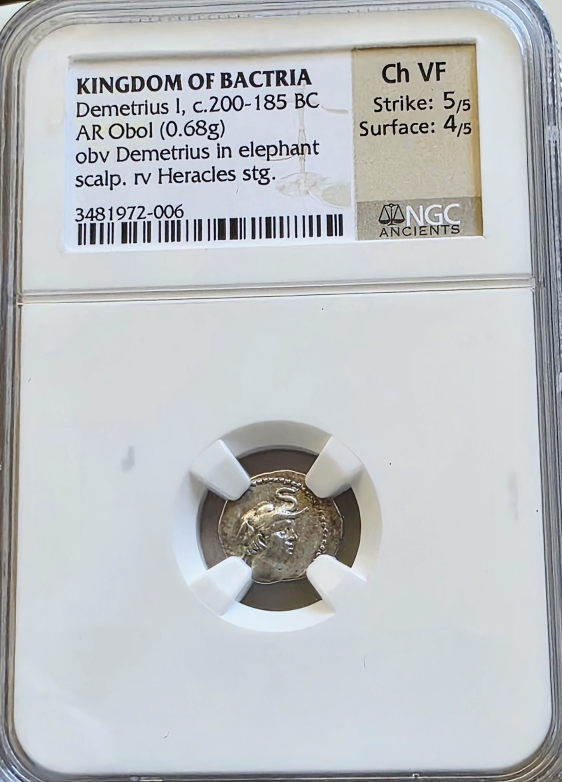 Bactria Demetrius I Obol NGC CH VF Ancient Silver Coin Elephant Headdress