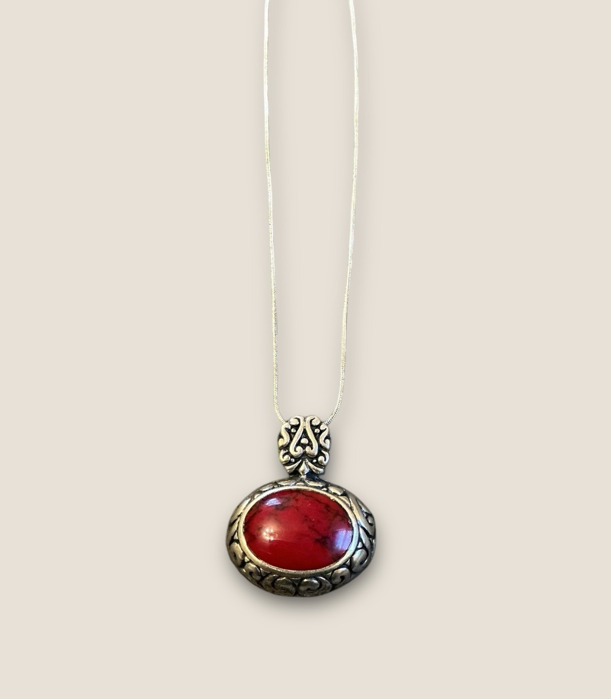 Vintage Estate Sterling Silver  Mexico Red Stone Pendant Necklace