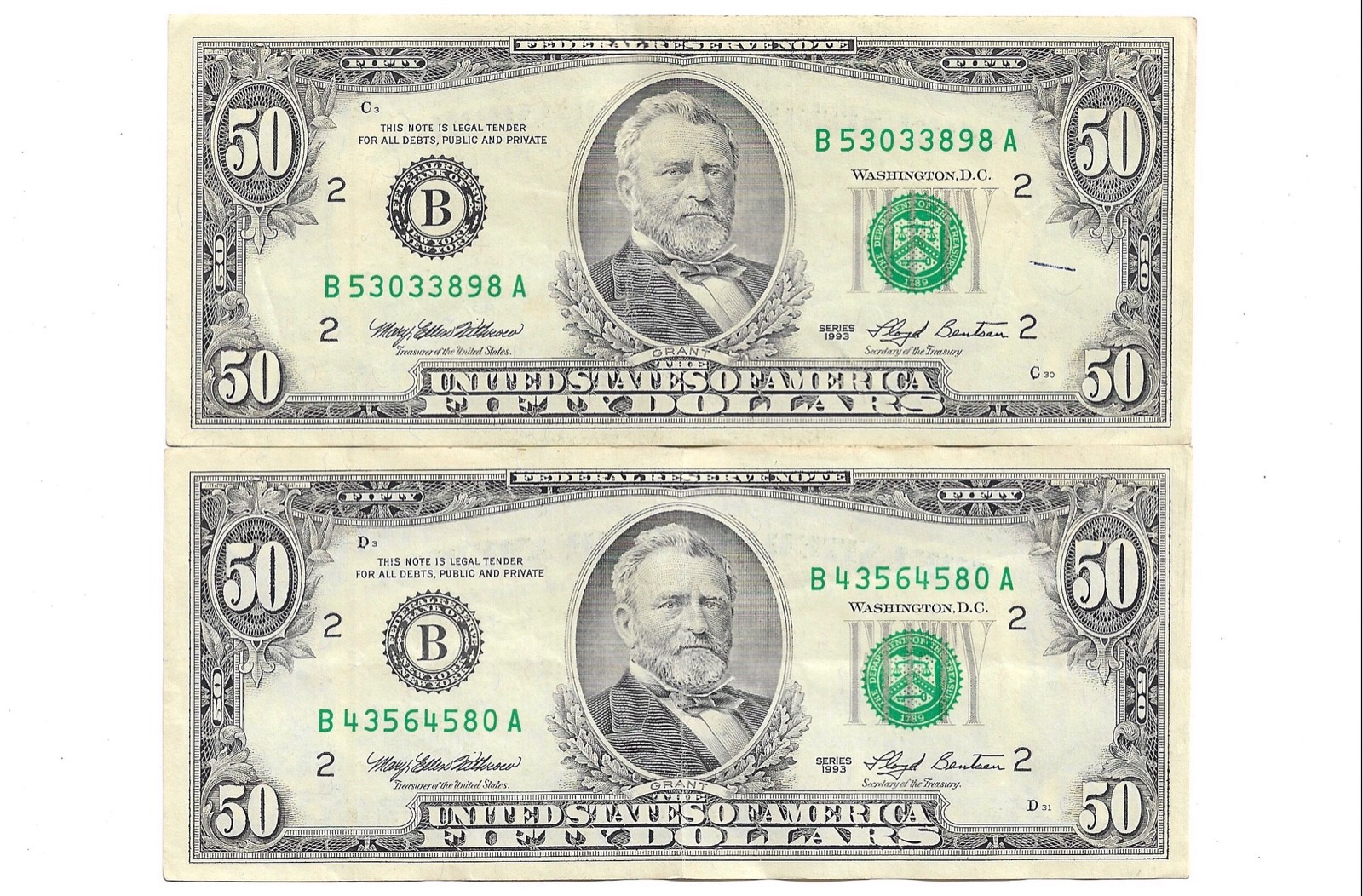 (2) NICE Vintage! New York Series 1993 US Fifty Dollar Bills! $50 Circulated!