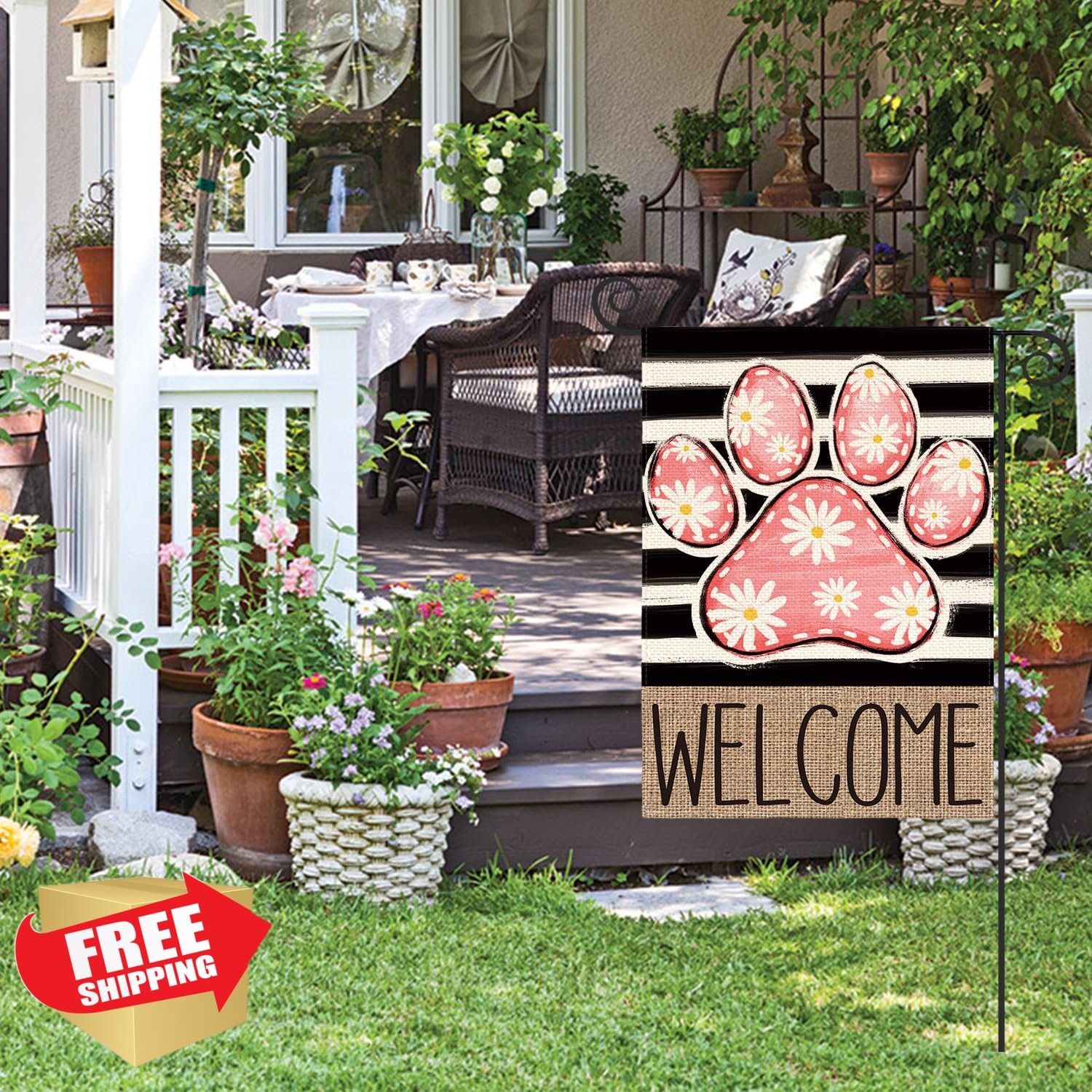 AVOIN colorlife Pink Paw Print Daisy Garden Flag 12x18 Double Sided Yard