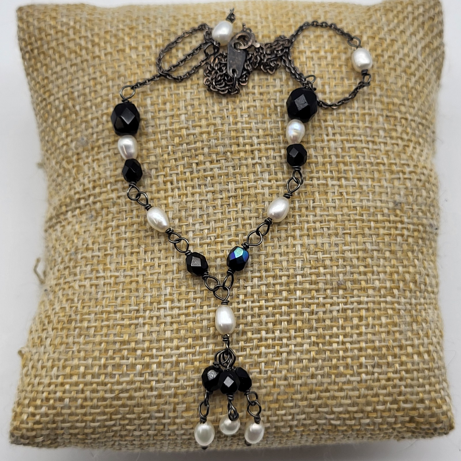 Stunning Mexico Sterling Silver Natural Pearl Necklace Tassel Peacock Black bead