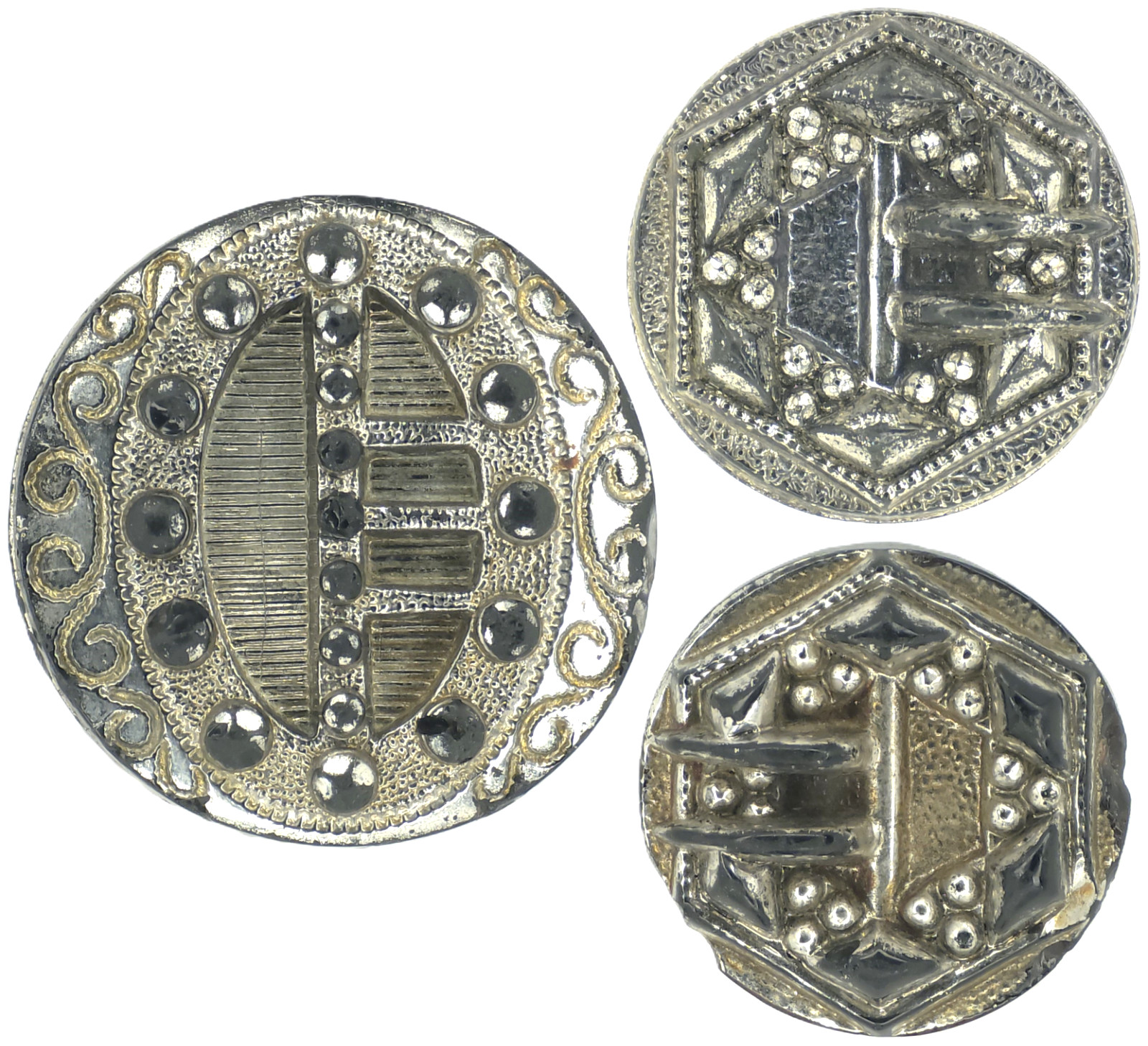 C1880s Antique Victorian Black Glass Silver Luster Buckle Button Cut Steel LOT