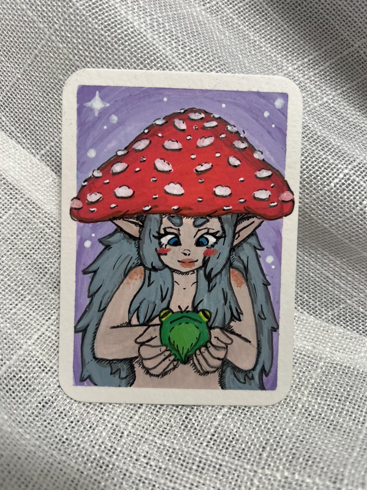 ACEO Original Art Card 2.5x3.5 Acrylic Cute Mushroom Elf Girl Frog ArtsySheb