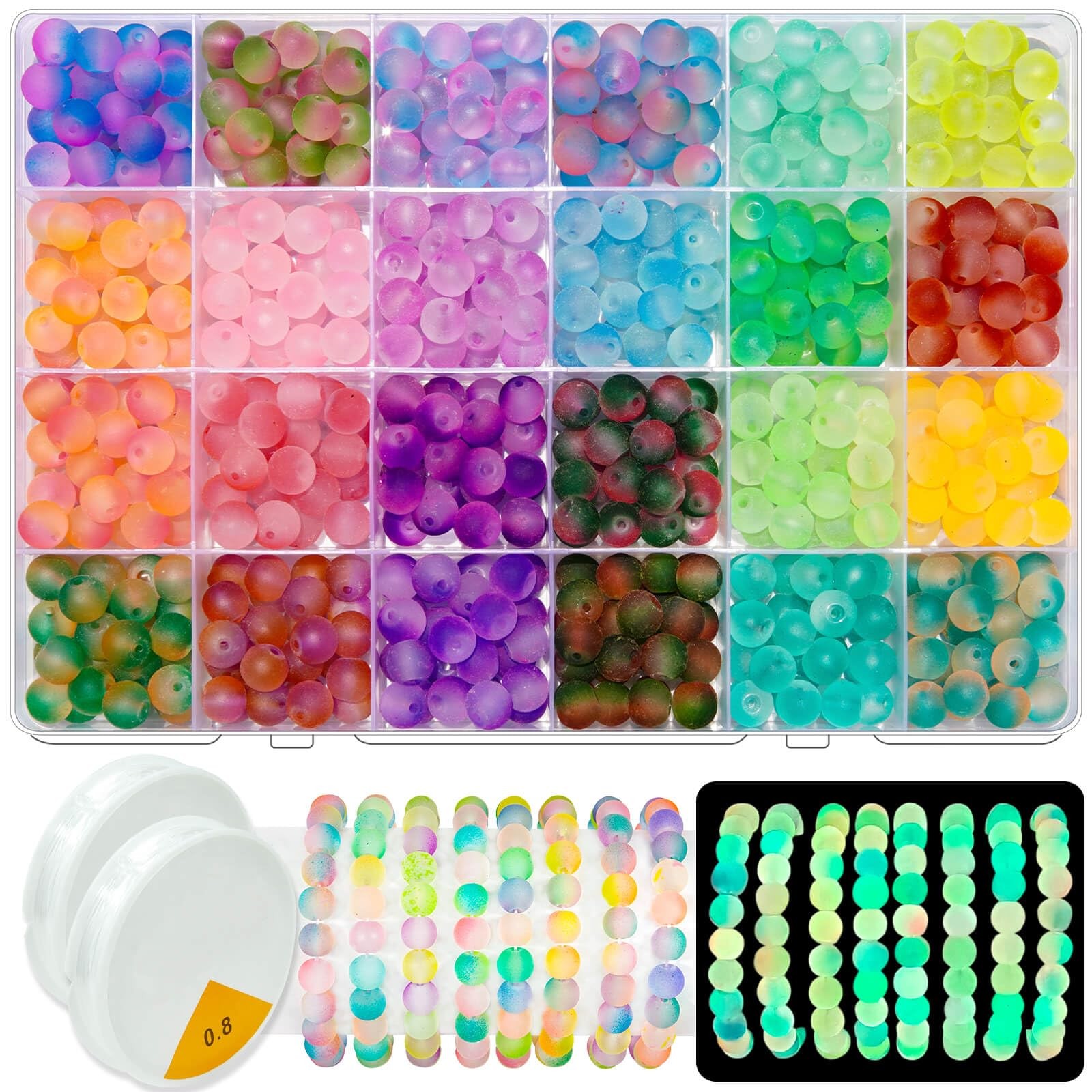JHYlilia Glow in The Dark Glass Beads for Jewelry 8MM, 8MM Glowing 24 Grids 