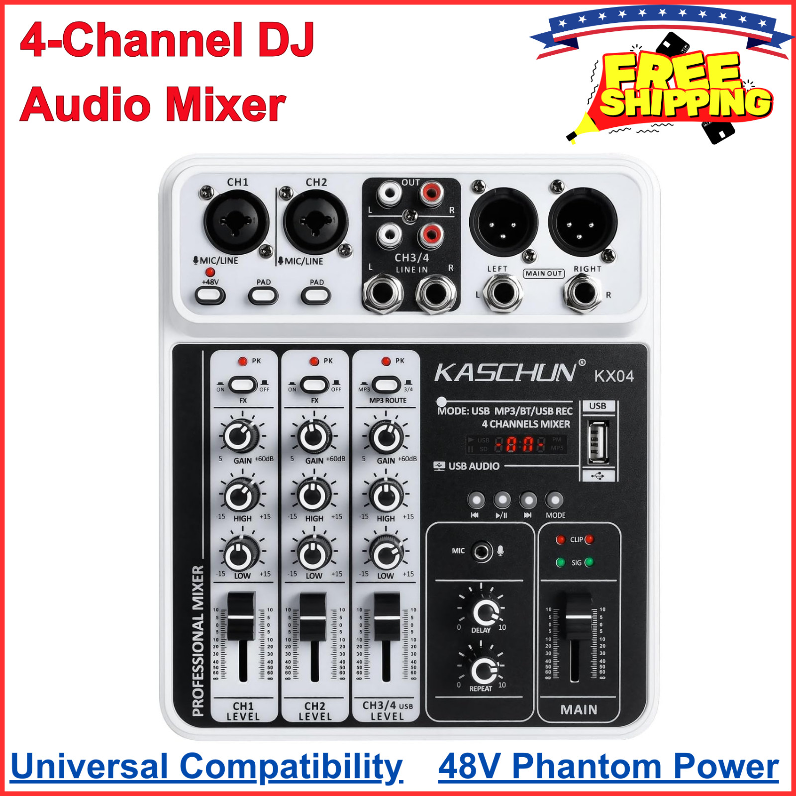 Professional 4-Channel DJ Audio Mixer, Bluetooth Sound Board With USB MP3 Input