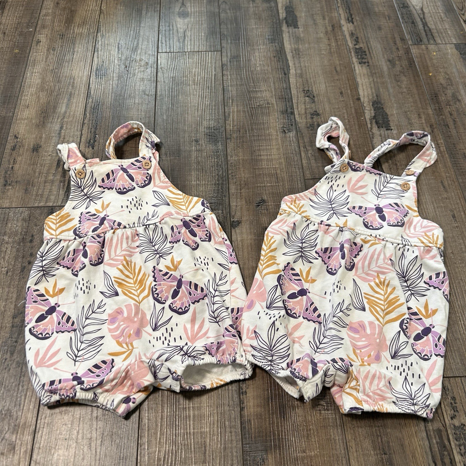 Twin Girls Pekkle Baby Butterfly Leaf Print Romper Overalls 24 Months