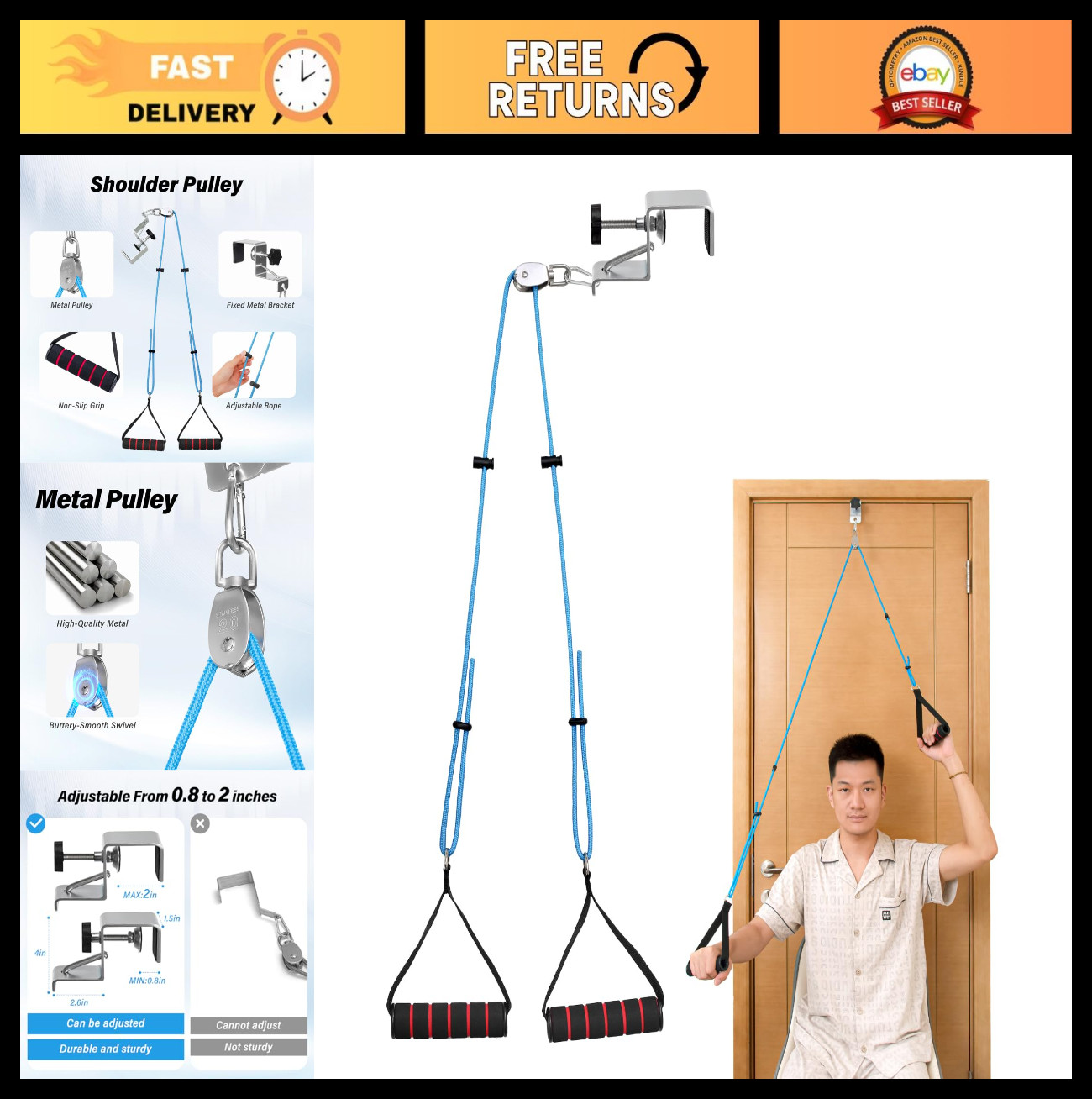 Adjustable Shoulder Pulley with Metal Door Clamp - Over Door Rehab Tool