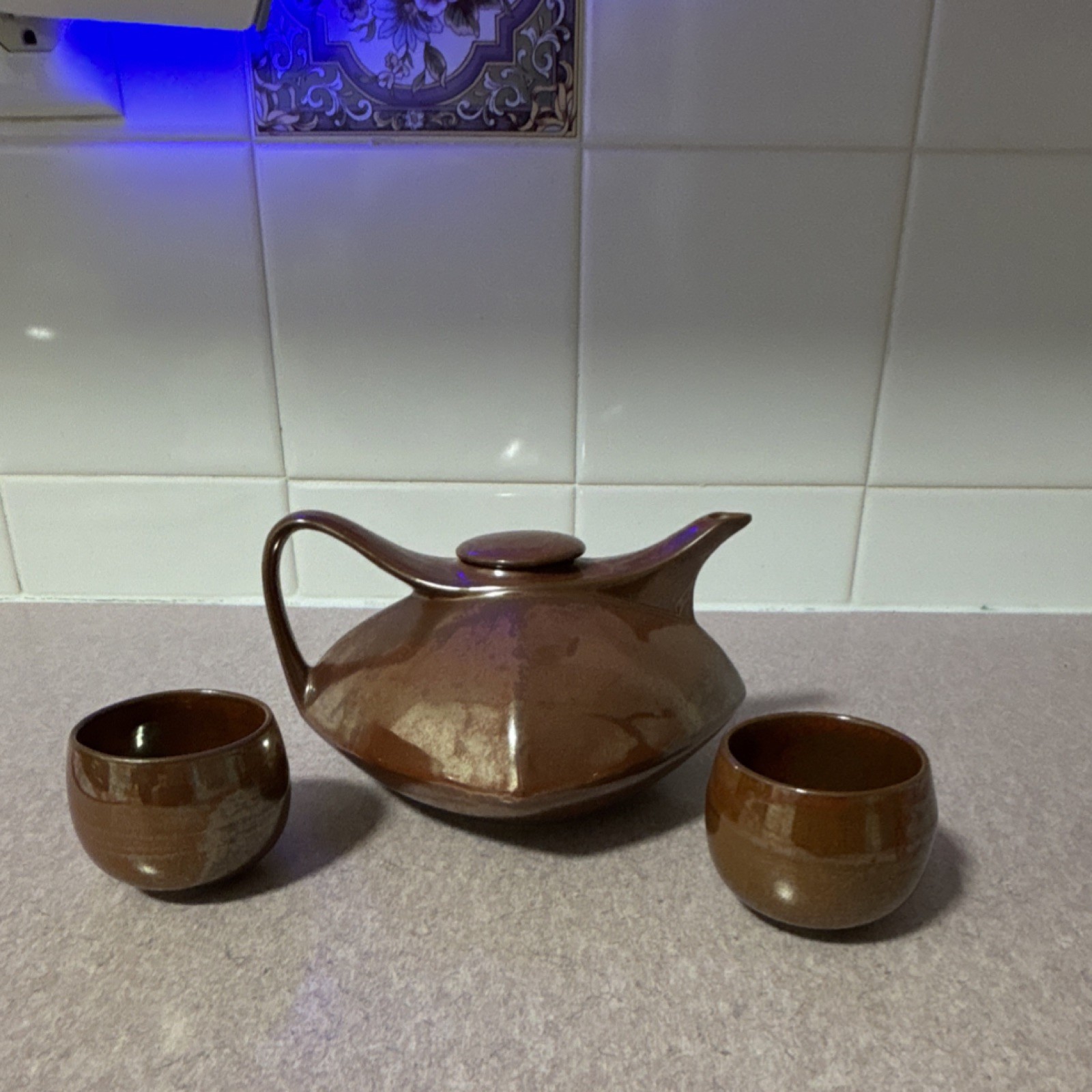 Brown Ceramic Glazed Tea Set with Teapot, 2 Cups, Handles, Lid Included