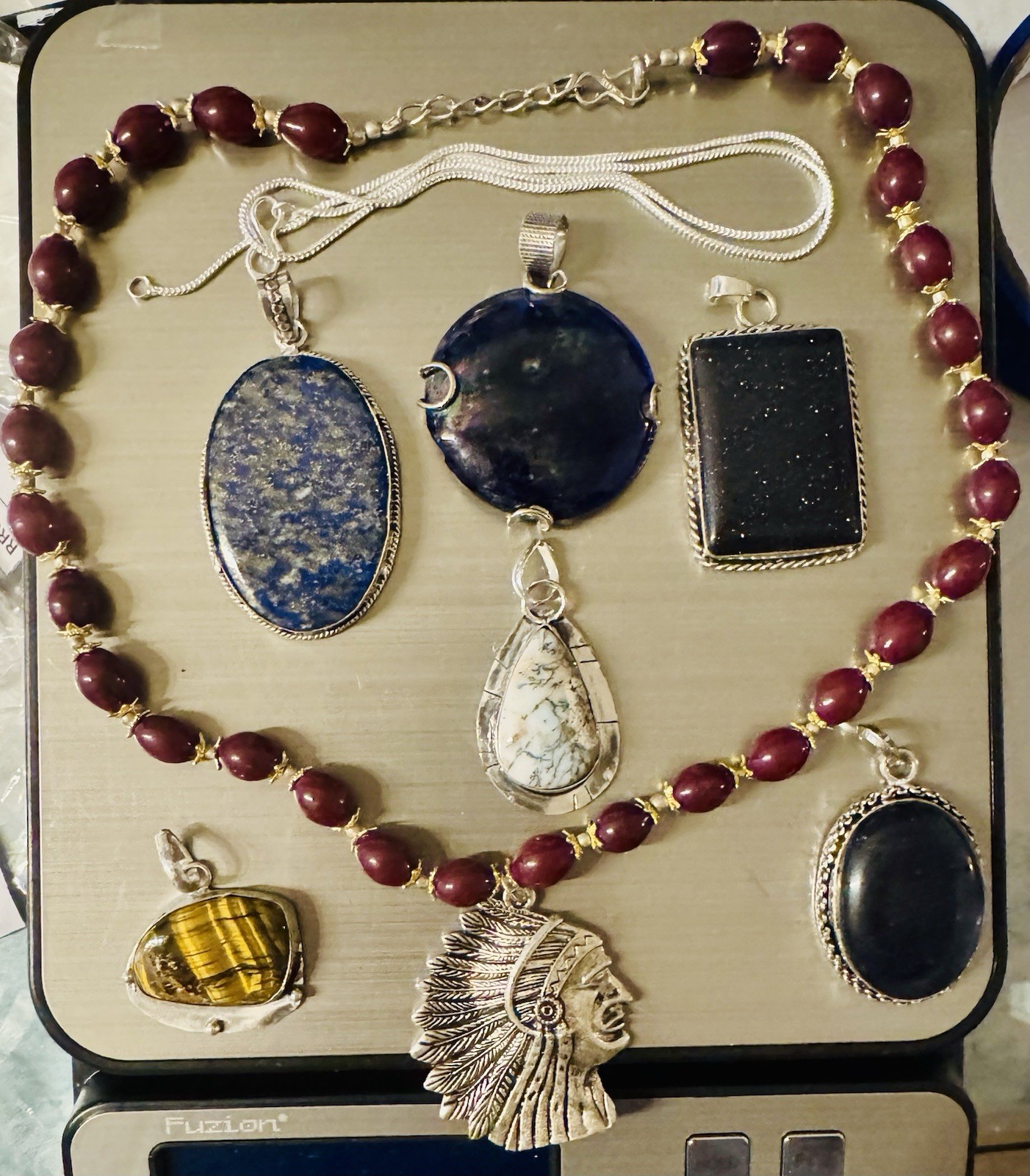 7 Silver Tone Assorted Stone Pendants Necklaces Mixed Lot Multicolor Lapis Agate