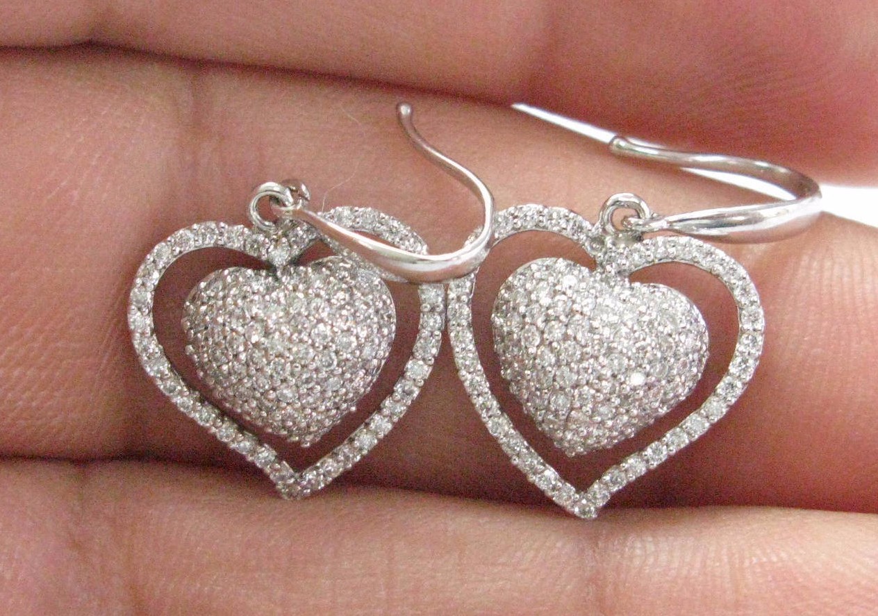Heart Shape Pave Diamond White Gold Fish Hook Drop Earrings 14KT 1.00Ct 1"