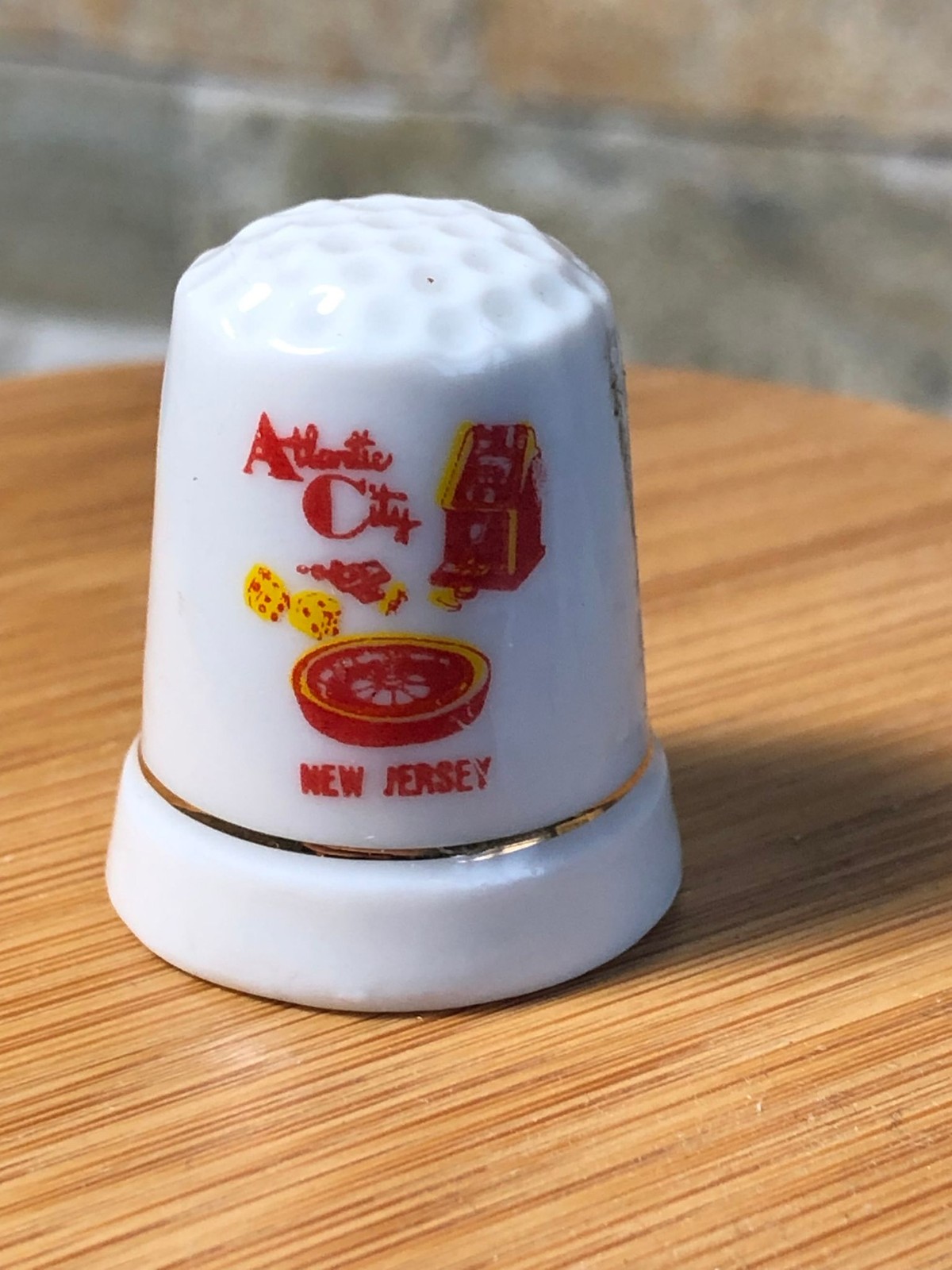 Atlantic City Souvenir Thimble Porcelain New Jersey White Gold Trim Collectible