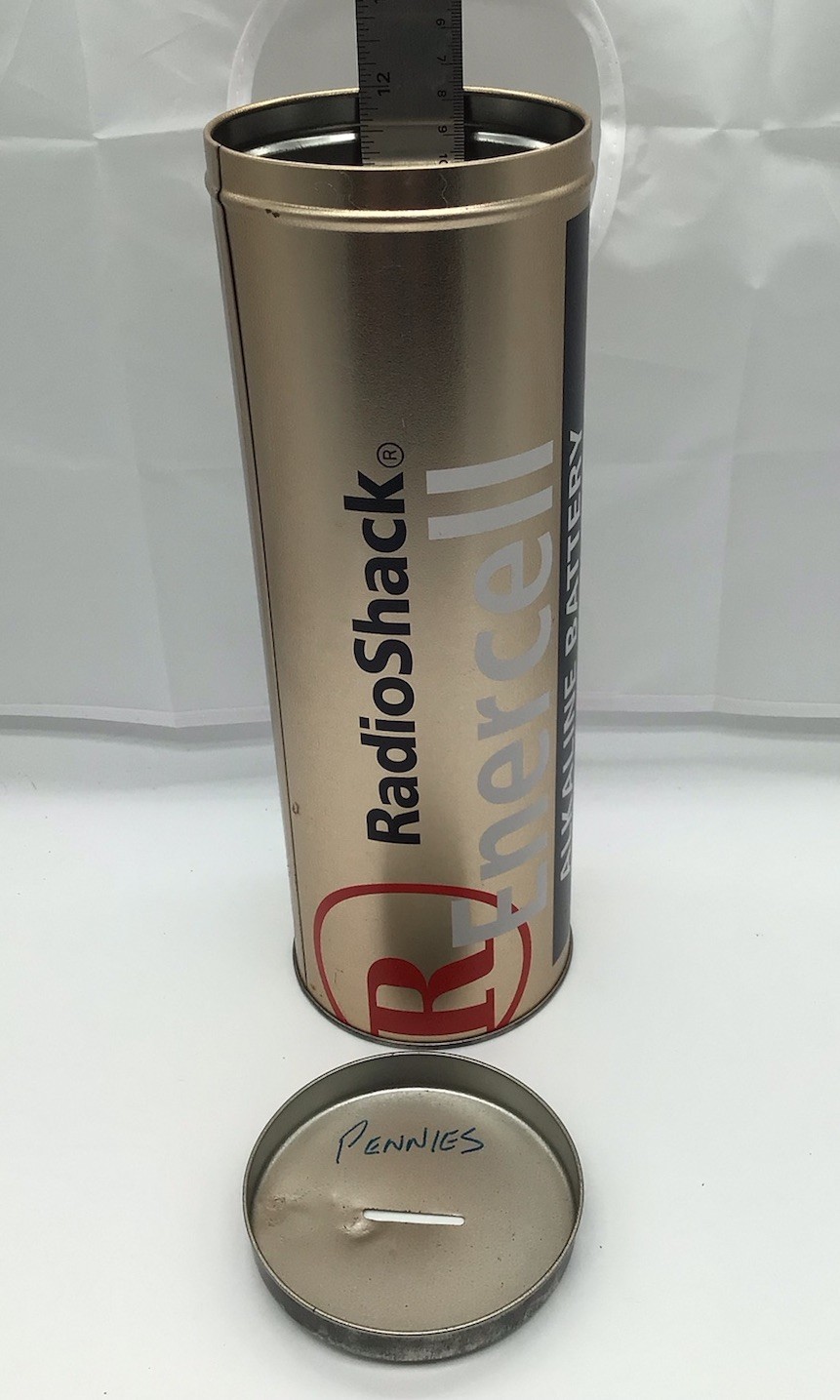 Radio Shack Collectible Tin Battery Coin Bank With 5 Wheat Pennies