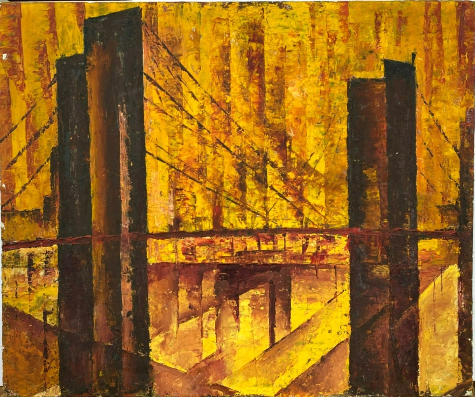 Abstract Cubist Modernist Painting Bridge City Canvas Panel 24"x20" Unsigned