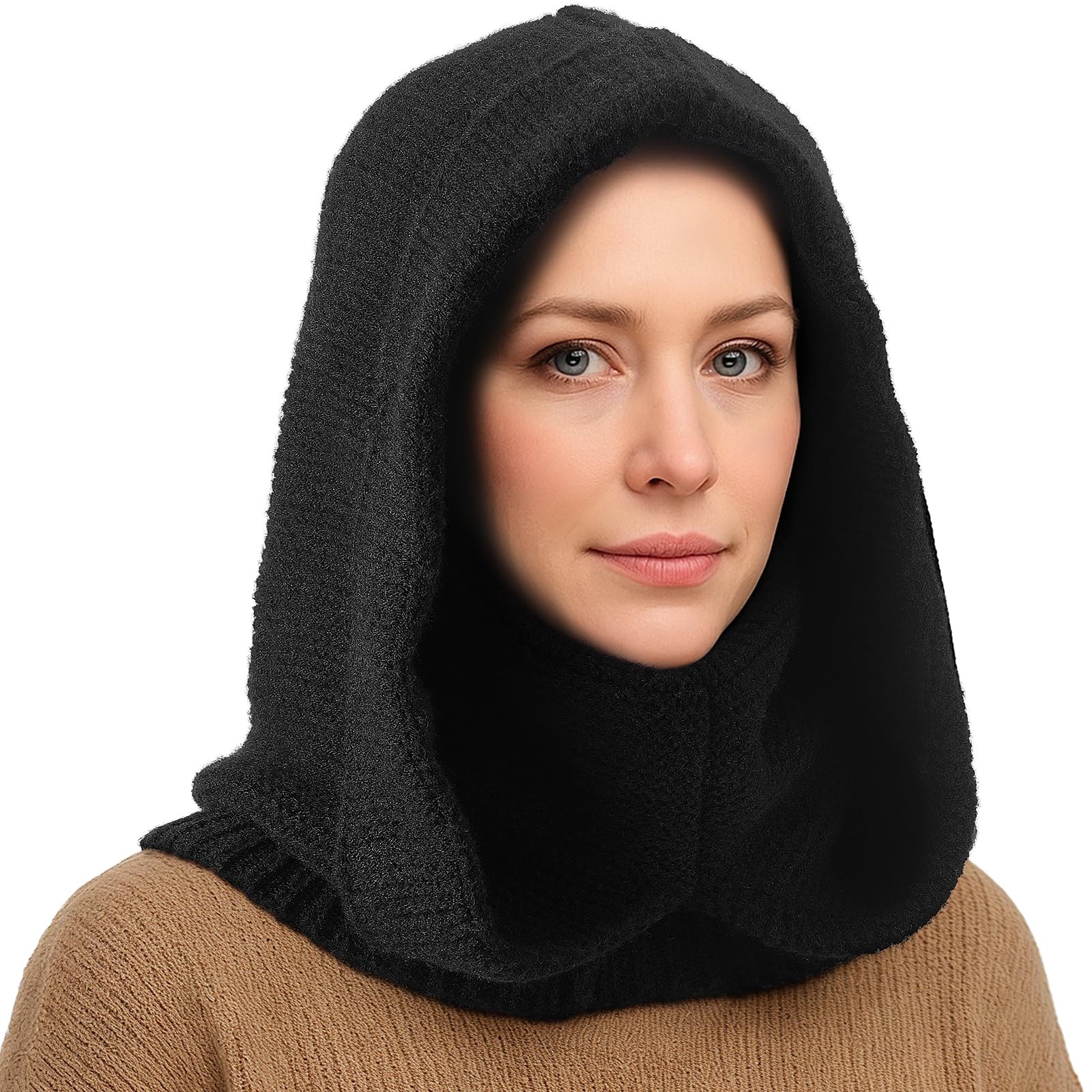 Knit Hooded Scarf for Women Balaclava Hood with Neck Gaiter Knit Beanie Warm ...