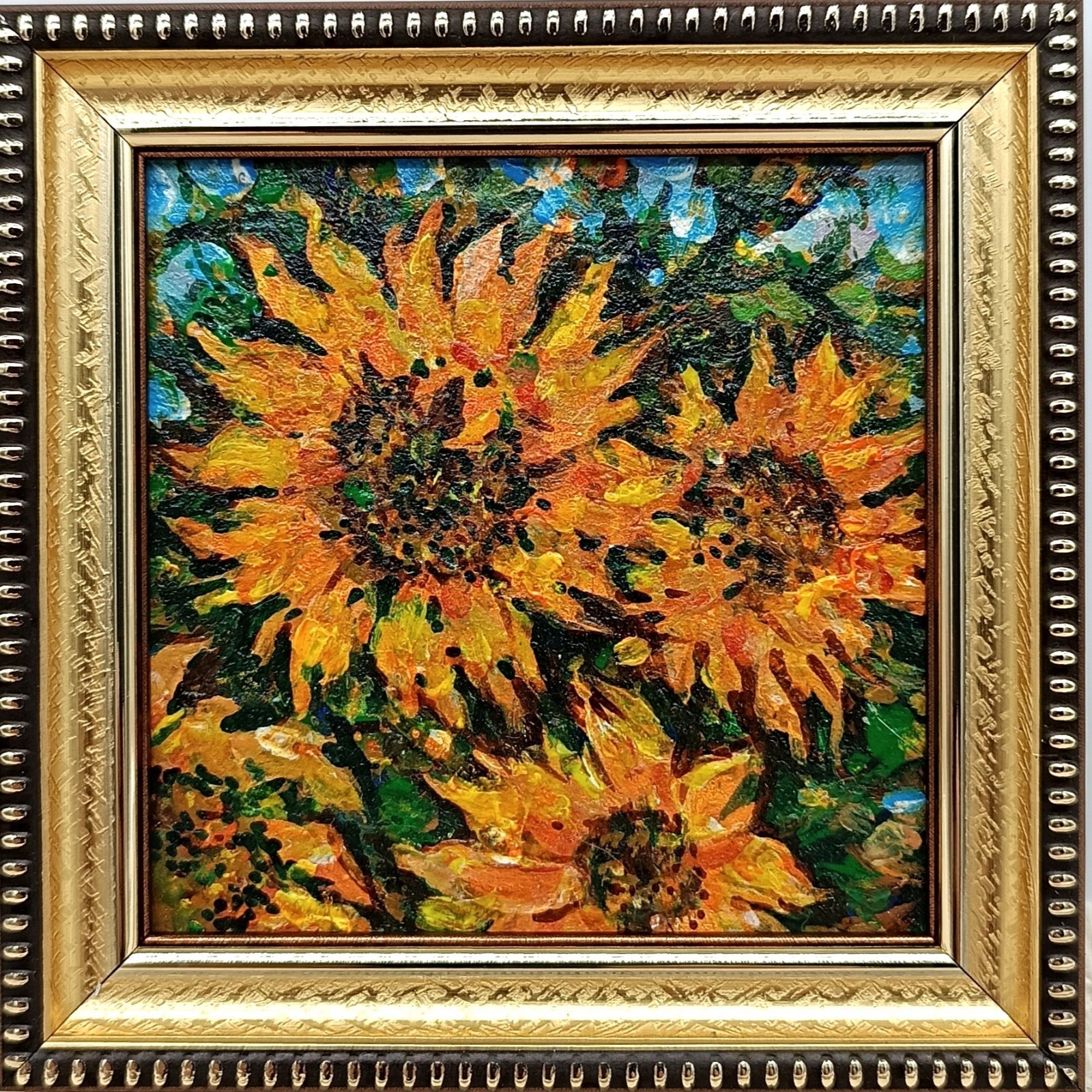 Signed Original Oil Painting Sunflowers in Field 4x4 Framed Gift Art