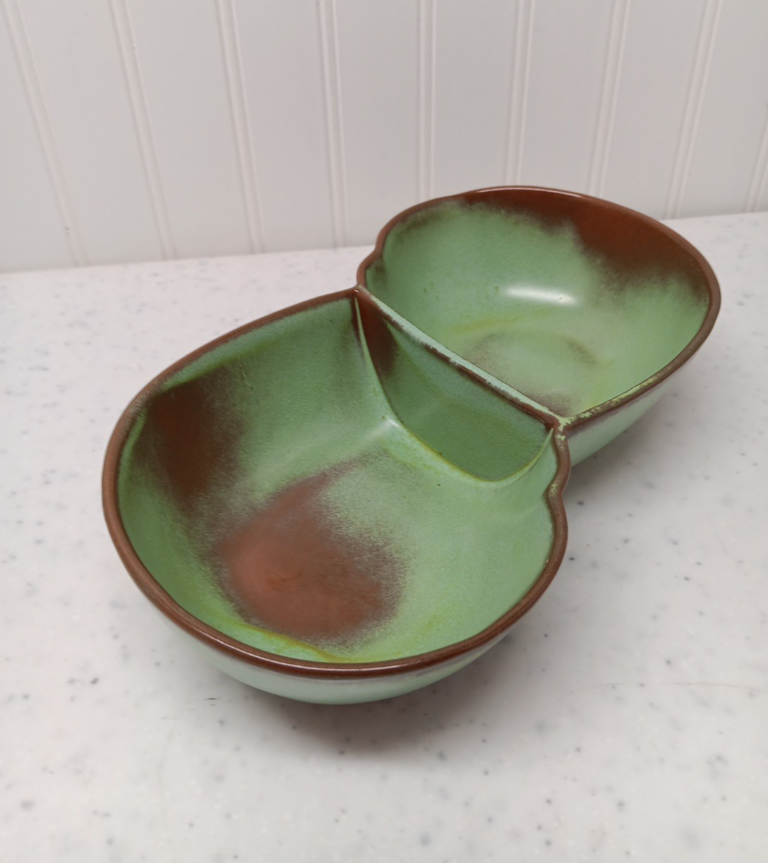 Vintage Frankoma Pottery Prairie Green Divided Double Serving Dish 10.5"