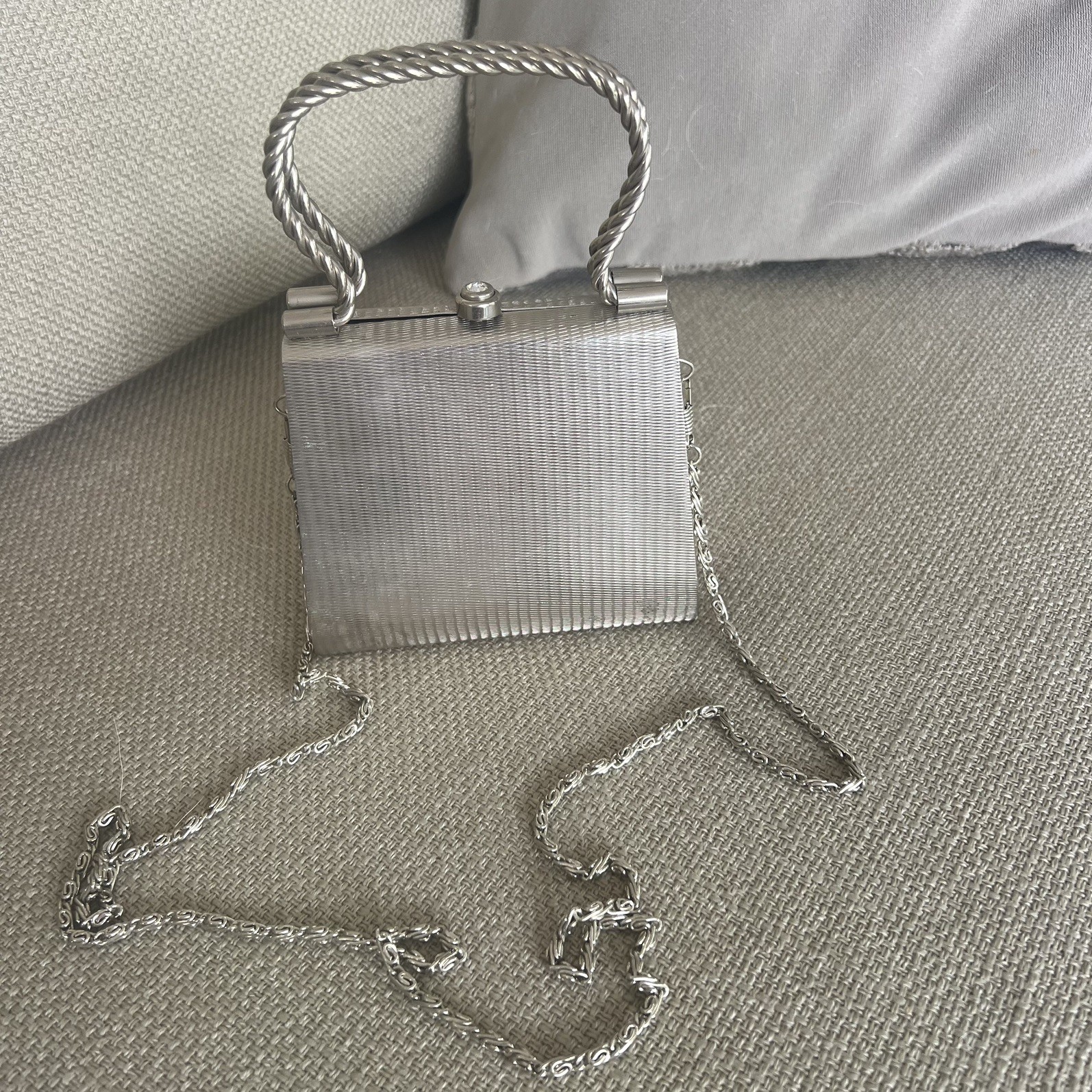Vintage 90s SASHA Silver Tone Metal Clutch Box Purse with Shoulder Strap