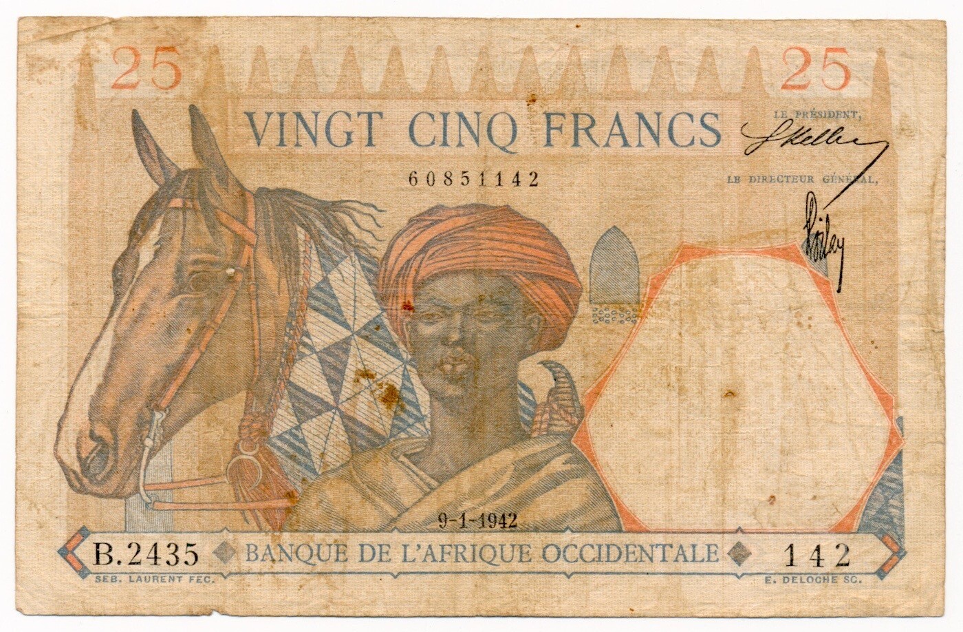 FRENCH WEST AFRICA banknote 25 Francs 9.1.1942 VF