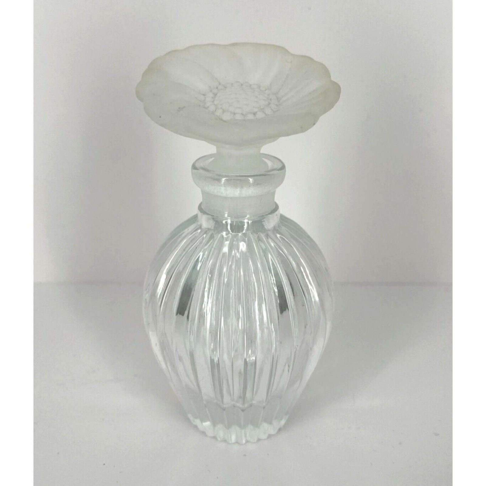 Vintage Clear Glass Perfume Bottle Sculptural Flower Stopper 4"