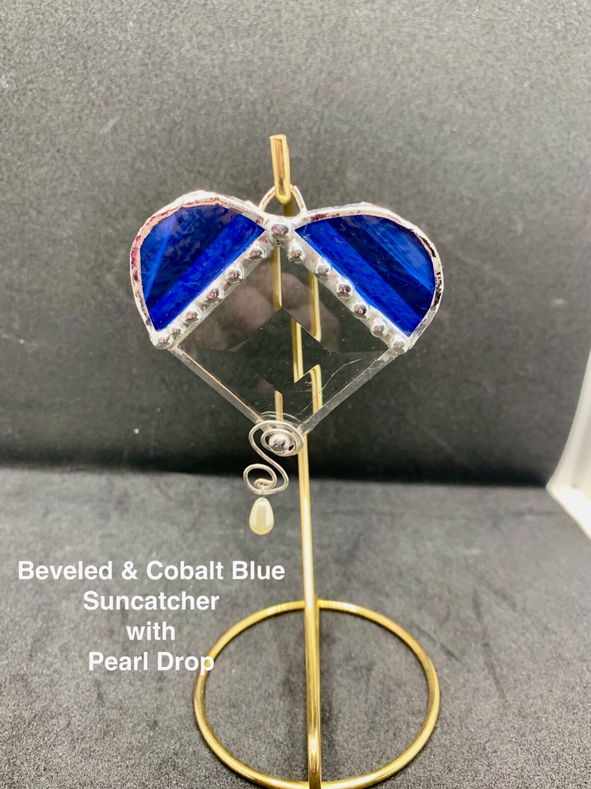 Heart shape Sun Catcher Cobalt Blue & Clear Beveled glass, with pearl drop