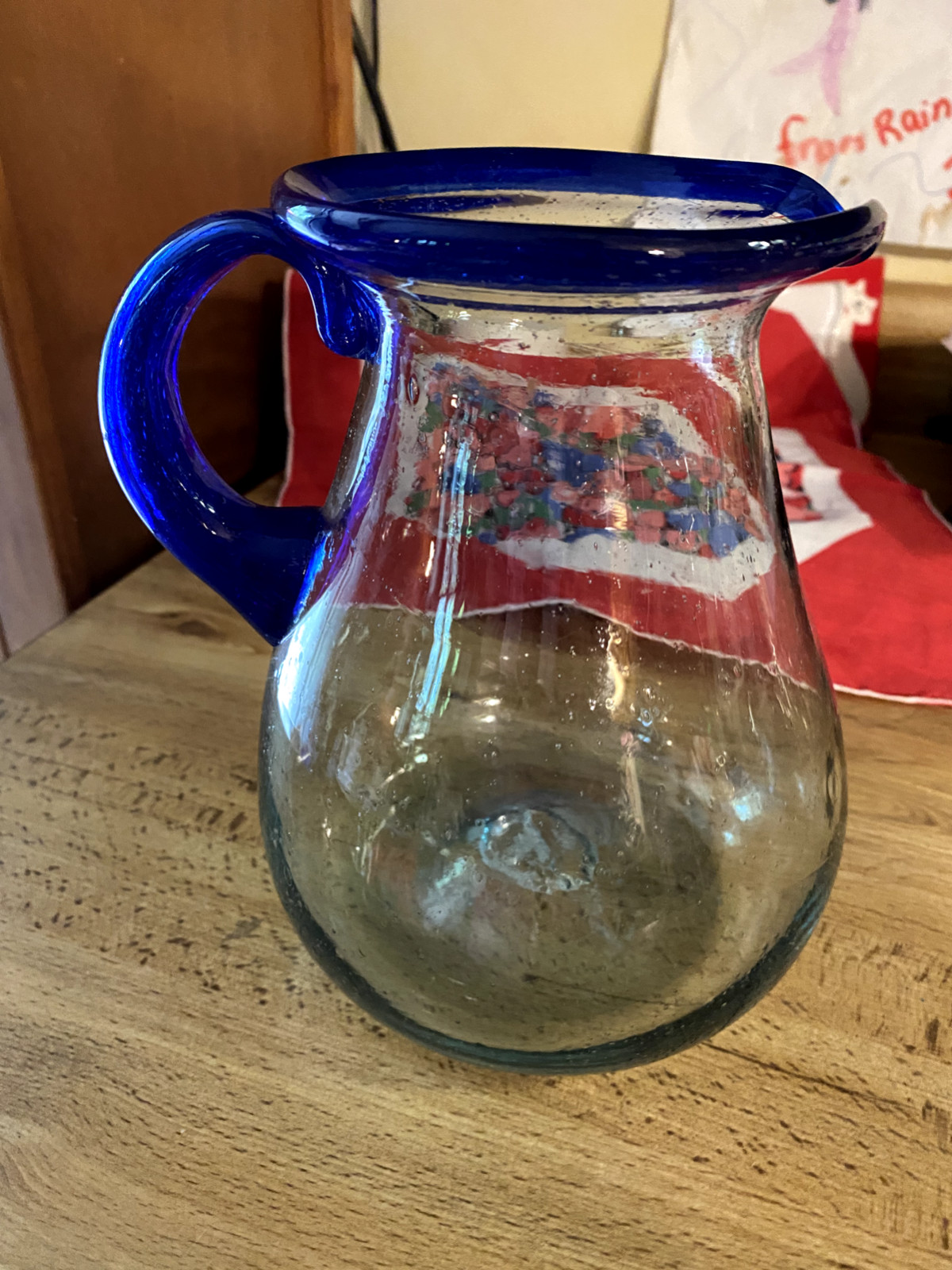 Vintage Blown Glass Water Juice Milk Pitcher Blue to Clear 7" T