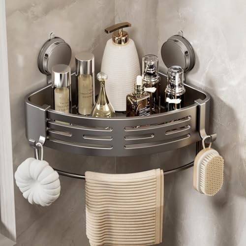  Shower Caddy Corner Suction Suction Cup Triangle with Towel bar 1 Tier Gray