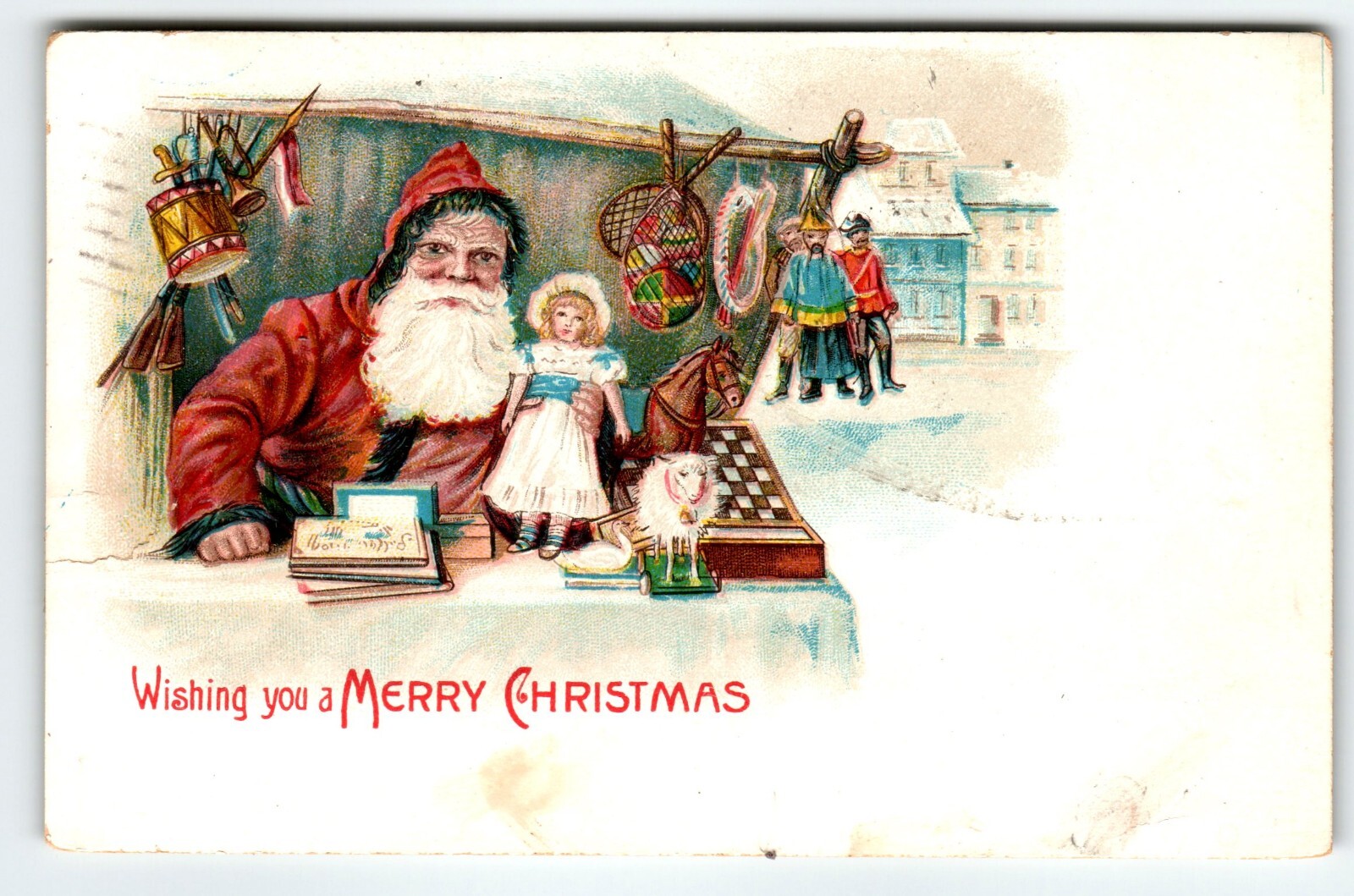 Santa Claus Christmas Village Toy Stand Horse Dolls Sheep Postcard 1906 Antique