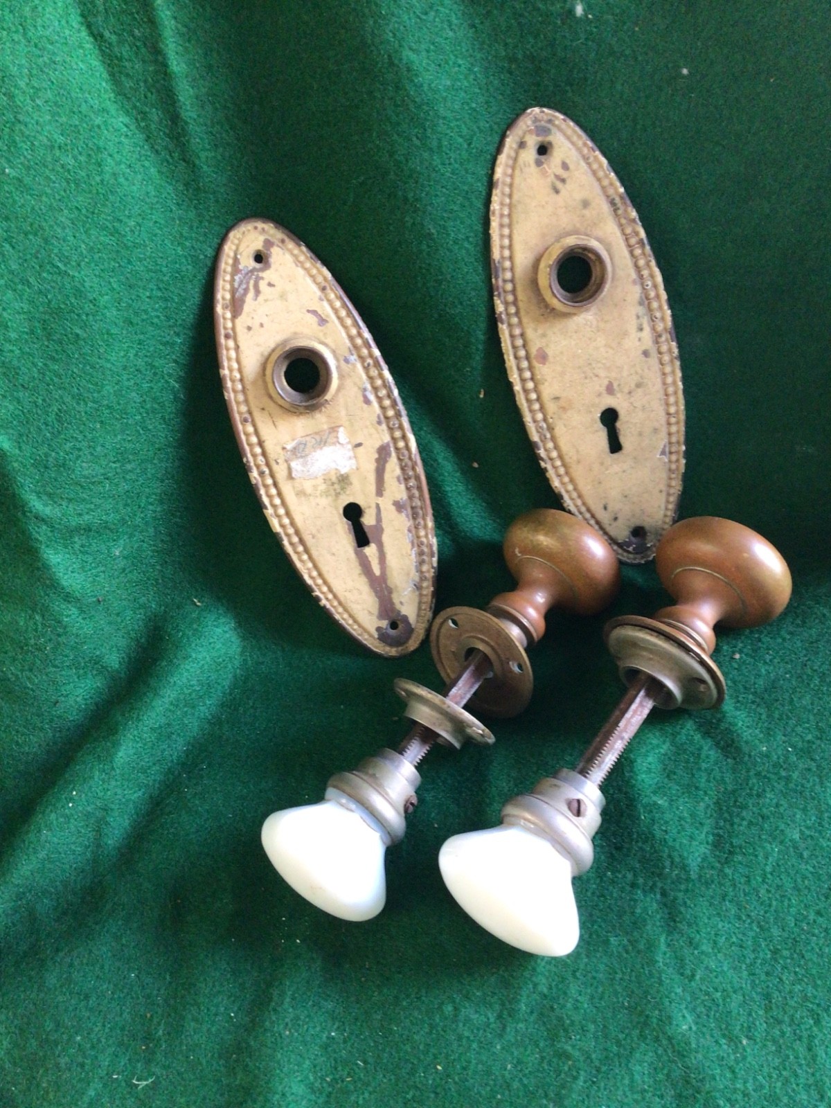 Antique Milk Glass Hexagon & Brass Door Knobs w/ Shafts & Brass Lock Key Platesn