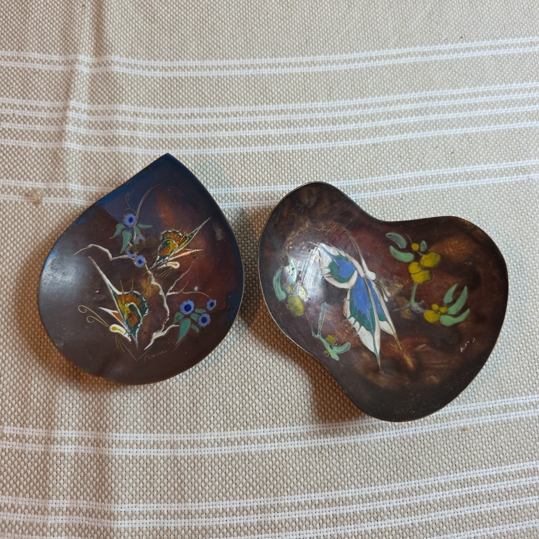 2 Painted Enamel On Brass Plates Signed With Butterflies. 