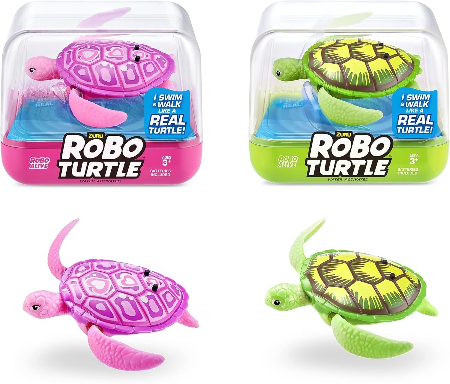 Robo Alive Robotic Swimming Turtle Green & Pink By ZURU Water Activated 2 Pack
