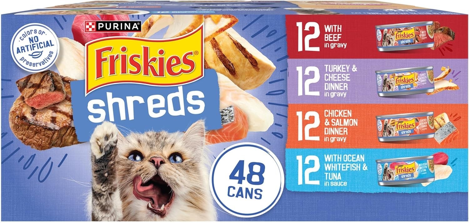 Purina Friskies, Shreds Gravy Variety Pack, Wet Cat Food, 5.5 oz Cans 48 Pack
