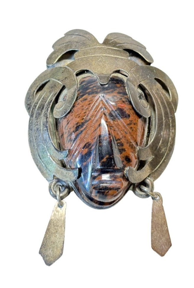 Vtg Taxco sterling silver carved Mahogany Obsidian Aztec Warrior brooch pendant