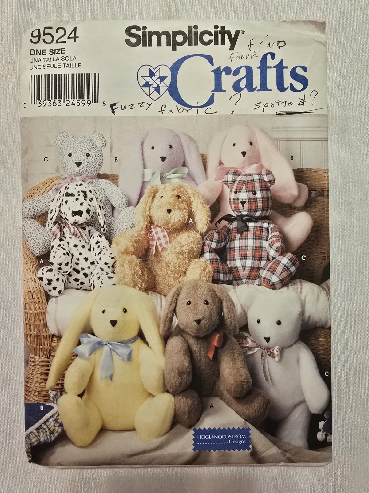 Simplicity 9524 Crafts Sewing Pattern Stuffed Animals Rabbit Dog Bear Uncut