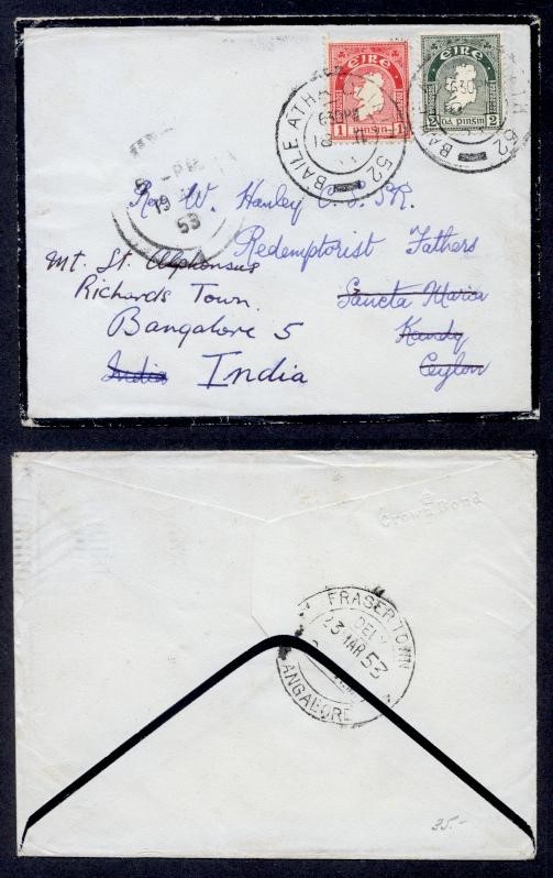 IRELAND 1953 MOURNING CVR TO CEYLON TO INDIA
