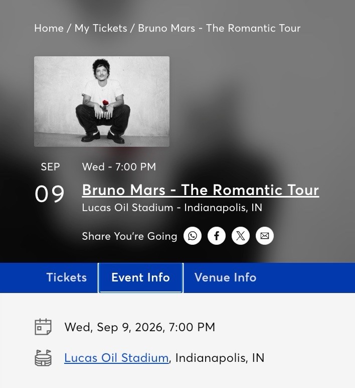Bruno Mars – The Romantic Tour – Sept 9th, 2026 – Lucas Oil Stadium Indianapolis