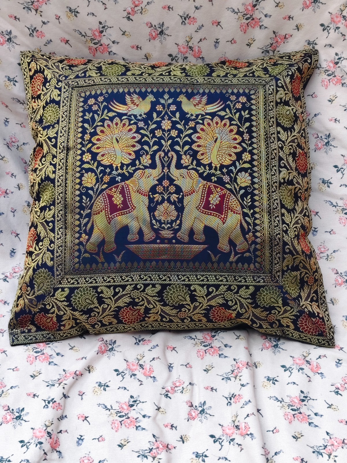 16" Indian Brocade Navy Blue Cushion Cover with Peacock & Elephant Design 1pc