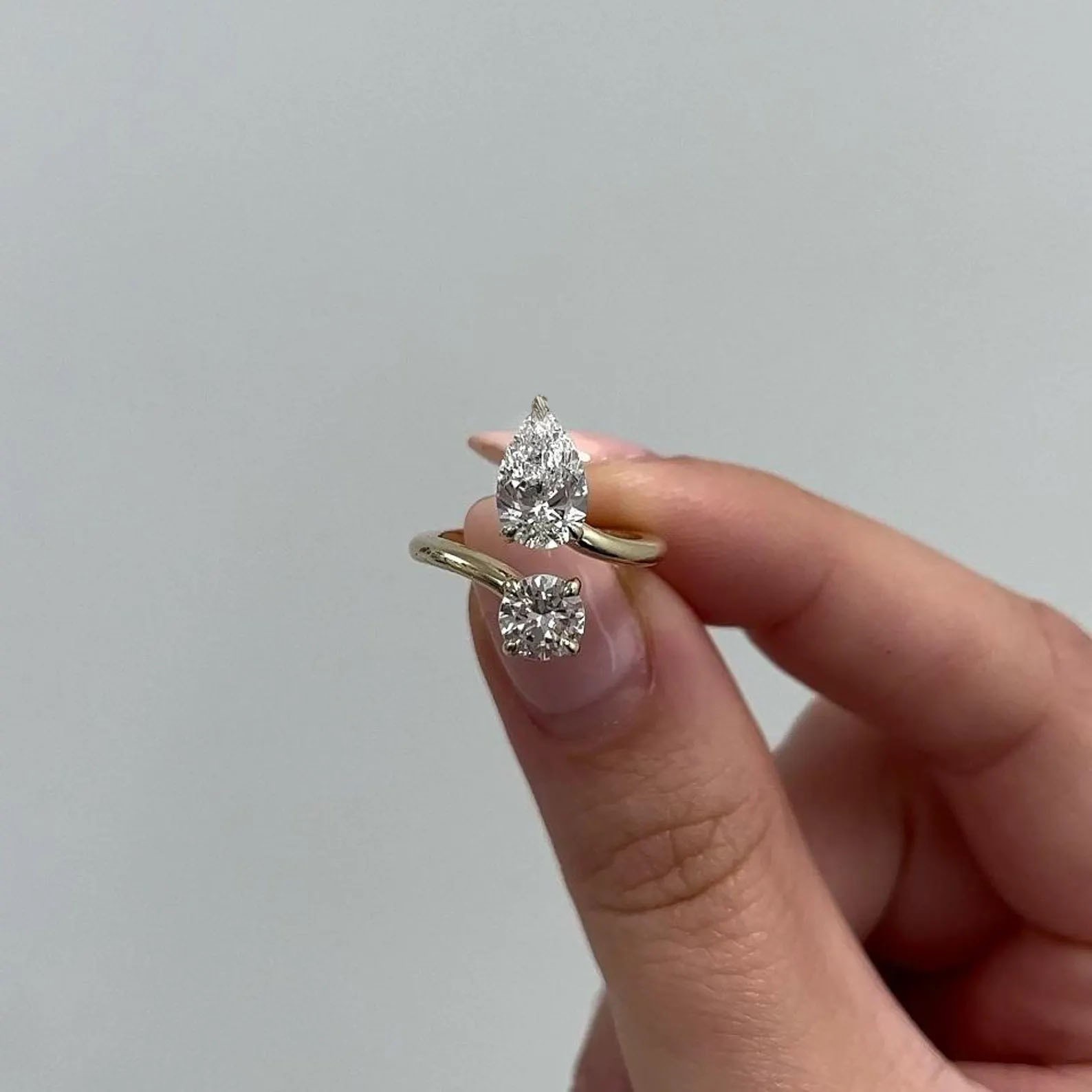 Toi Et Moi Open Cuff Pear & Round Cut Simulated Diamond Bypass Engagement Ring